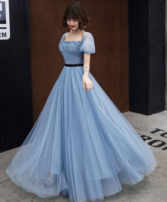 Elegant Blue Tulle Long Ball Gown prom Dress Evening Dress    cg21894