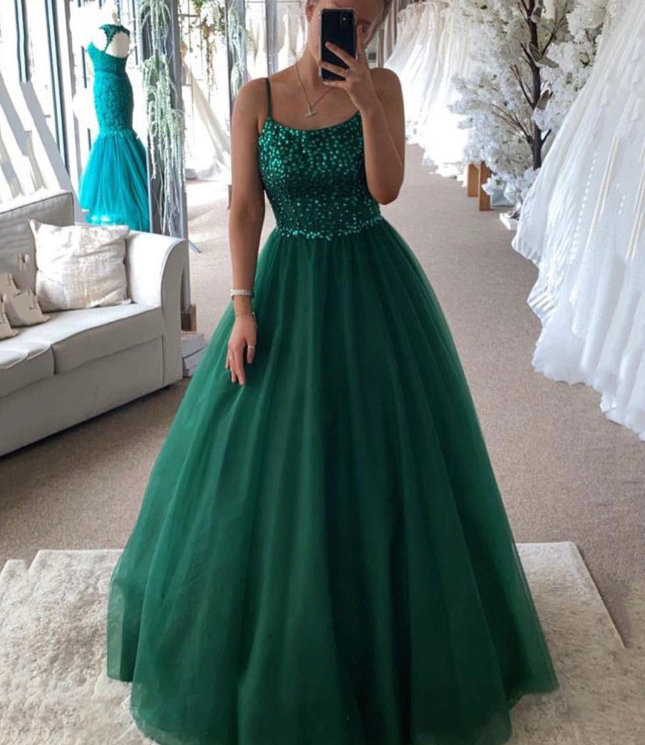 GREEN TULLE SEQUINS LONG A LINE PROM DRESS EVENING DRESS    cg21920