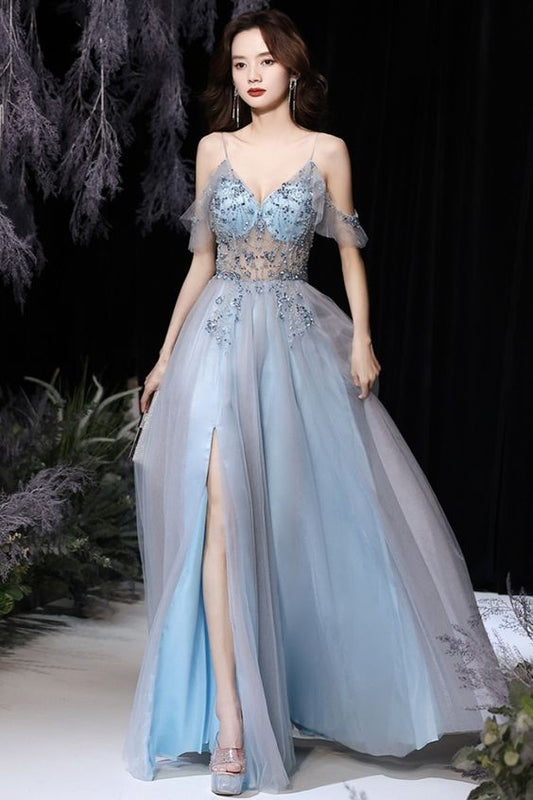 A-line blue tulle long formal prom dress with spaghetti straps and side slit    cg21928