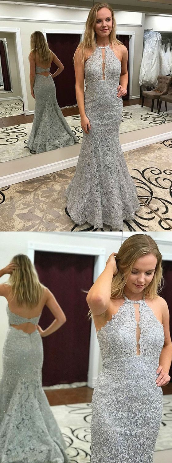 Mermaid Halter Grey Lace Backless Long Prom Dresses    cg21932