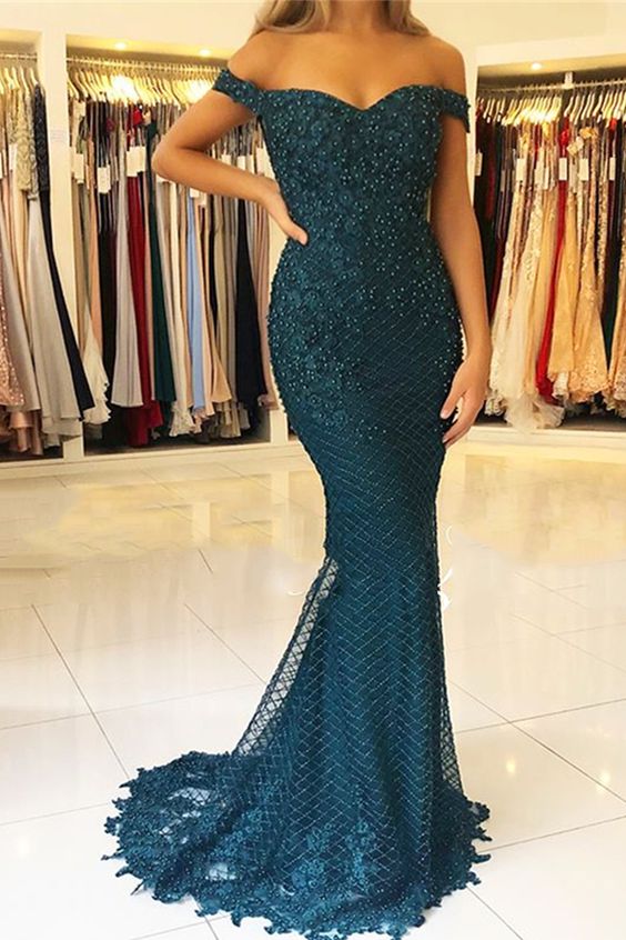 Sweep Train Off-The-Shoulder Trumpet Floor-Length Evening Dress Prom Dress    cg21941