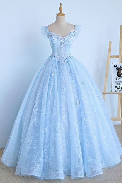Light Blue Lace Cap Sleeve Long Sweet 16 Prom Dress, Evening Dress cg2195
