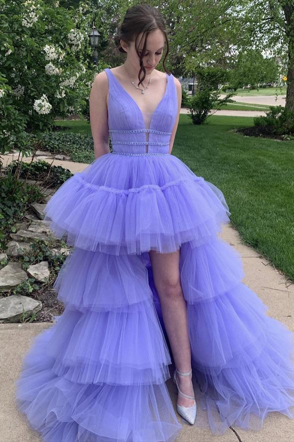 Purple v neck tulle long A line prom dress evening dress    cg21954