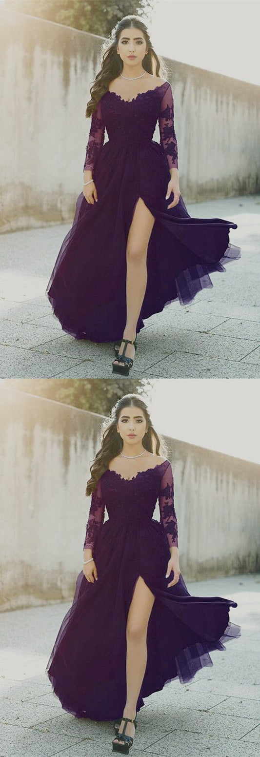 purple tulle prom dress with sleeves    cg21960