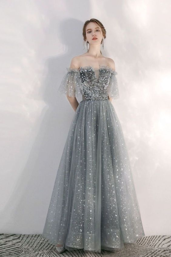 Stunning A-line Grey Long Prom Dress with Off the Shoulder    cg21982