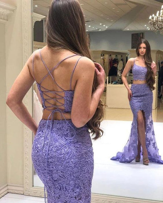 Elegant Two Pieces Mermaid Lilac Lace Slit Long Prom Dresses, Formal    cg21998