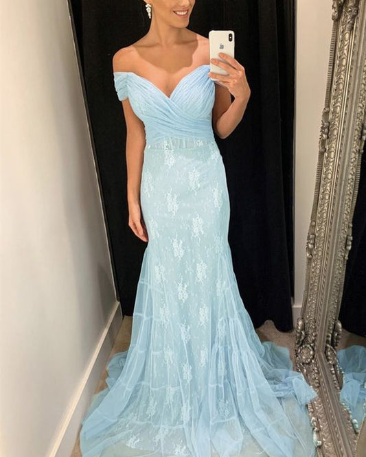 light blue mermaid lace prom dresses    cg22016