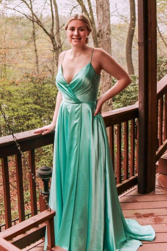 simple A-line green long prom dress with spaghetti straps and wrap front    cg22021