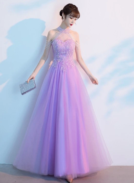Purple Tulle Beaded Floor Length A-Line Prom Dress, Long Evening Dress ...