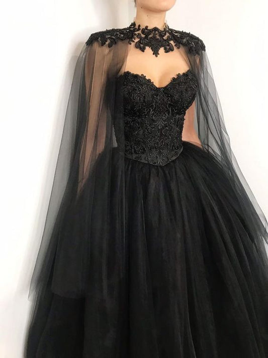 corset lace wedding dress with cape, heavy beading fantasy gown, black tulle wedding prom dress    cg22036