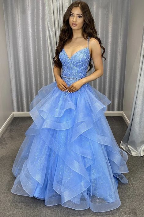 Blue lace long ball gown prom dress A line formal dress     cg22049