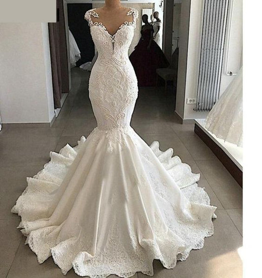 Satin-Meerjungfrauen-Brautkleid mit transparentem Rücken, Perlenbesatz und Spitze, Ballkleid cg22068