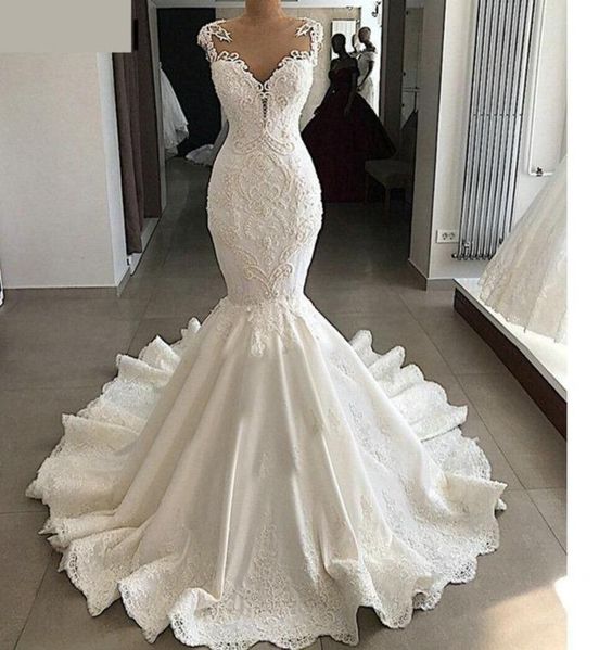 Satin Mermaid Wedding Dress with Sheer Back, Beading and Lace prom dre ...