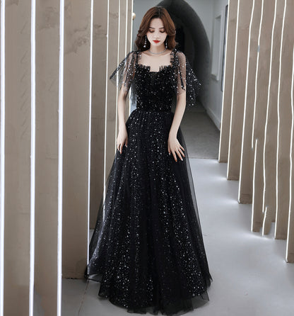 BLACK TULLE LONG A LINE PROM DRESS EVENING DRESS cg22073 – classygown