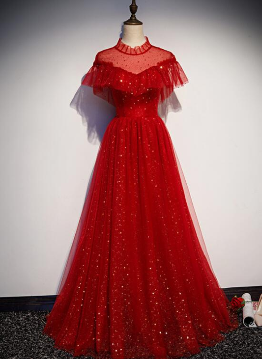 Red Sequins Tulle High Neckline Long Shiny Prom Dress, Red Long Evening Dress Party Dress    cg22117