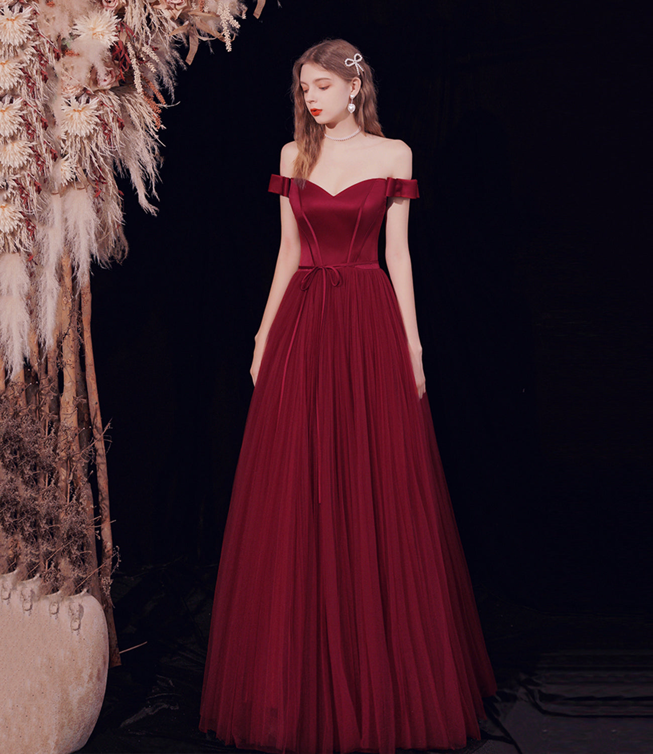 BURGUNDY TULLE LONG A LINE PROM DRESS EVENING DRESS    cg22157