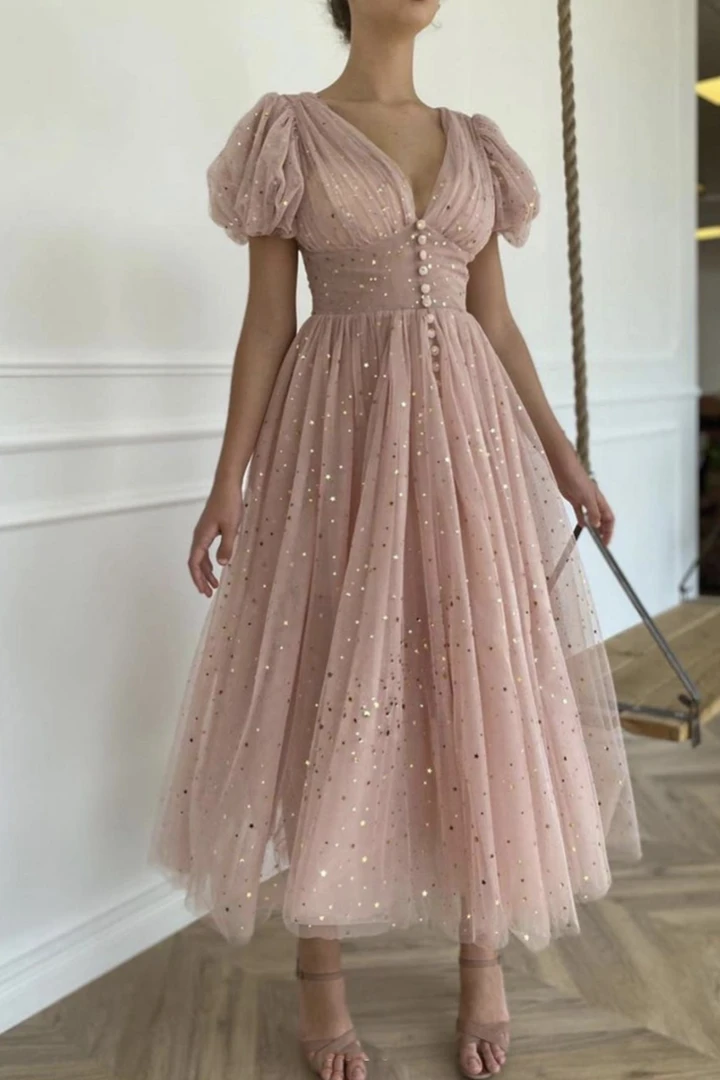 Pink v neck tulle short prom dress party dress    cg22162