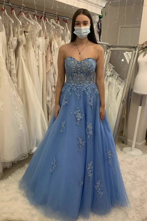 Blue tulle lace long A line prom dress evening dress    cg22163