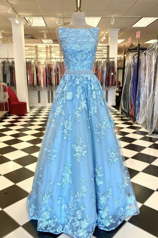 Blue tulle lace long A line prom dress evening dress    cg22166