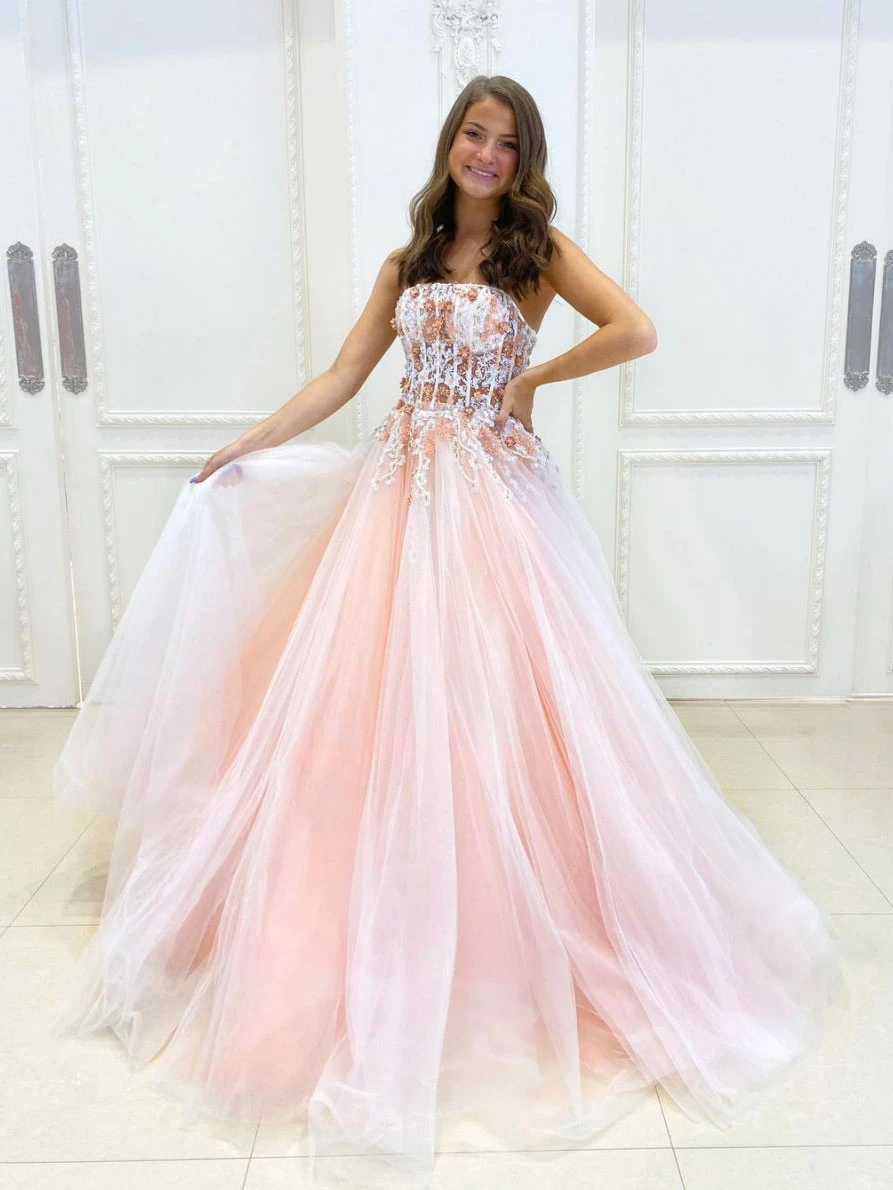 Pink A-line tulle lace long prom dress pink lace long evening dress cg ...
