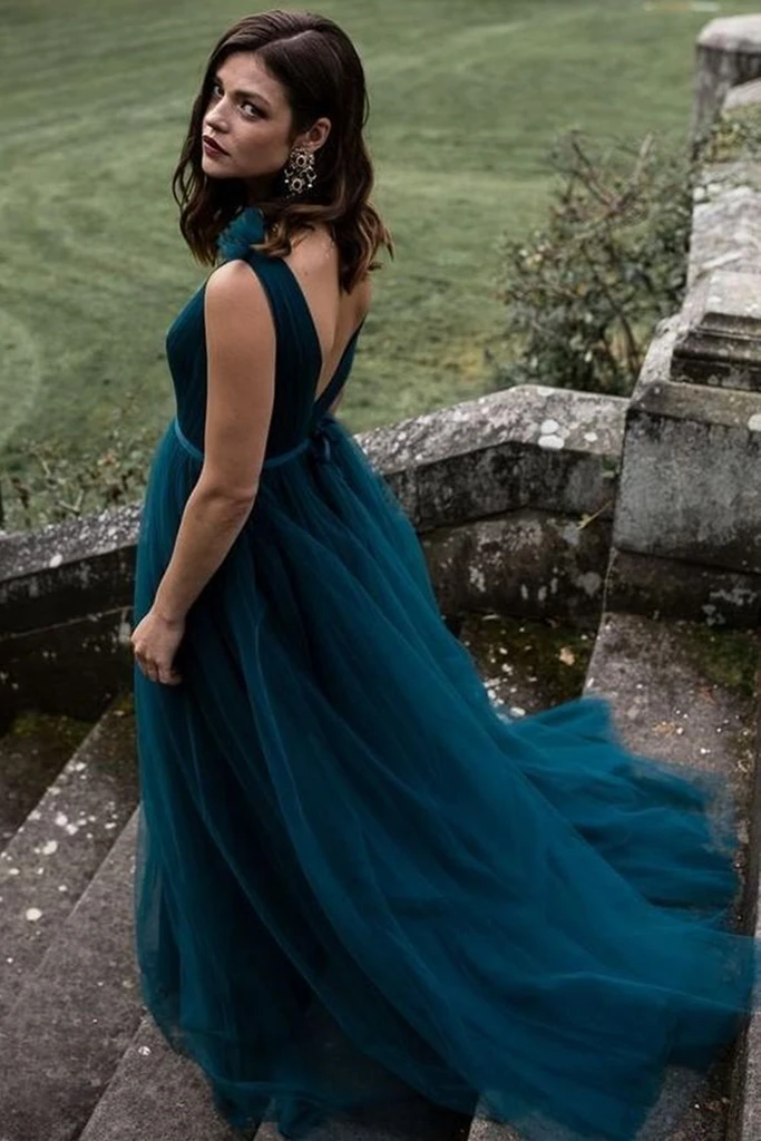 A Line V Neck and V Back Peacock Blue Long Prom Dress, V Neck Open Back Peacock Blue Formal Evening Dress    cg22173