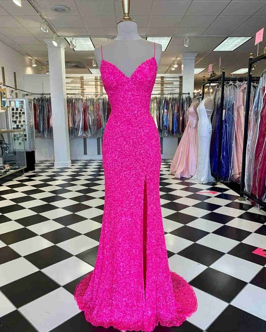 Hot Pink Straps Prom Dress with Slit    cg22180