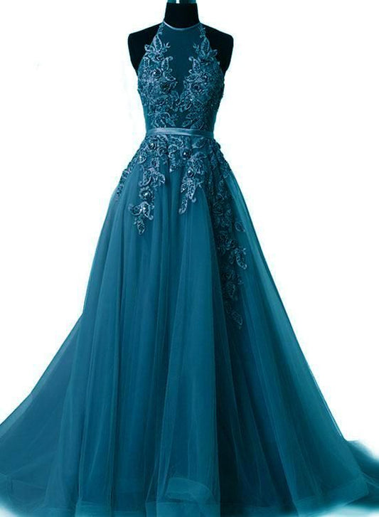 Tulle Lace Halter Prom Dress ,Long Formal Gowns     cg22181