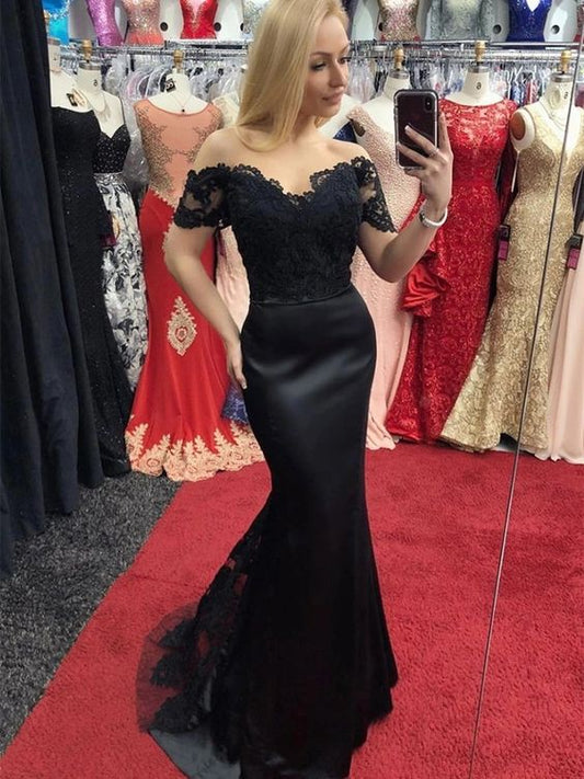 Off Shoulder Mermaid Lace Black Long Prom Dresses, Off Shoulder Black Lace Formal Dresses    cg22184