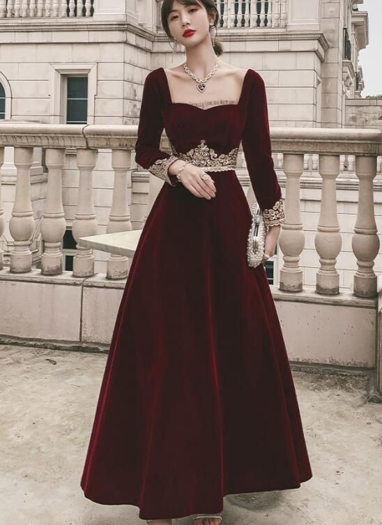 Charming Velvet A-line Long Prom Dress, Long Sleeves Formal Dress    cg22197