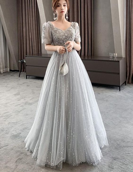 Light Grey Short Sleeves Tulle And Lace Lovely Party Dress, Long Tulle Prom Dress    cg22199