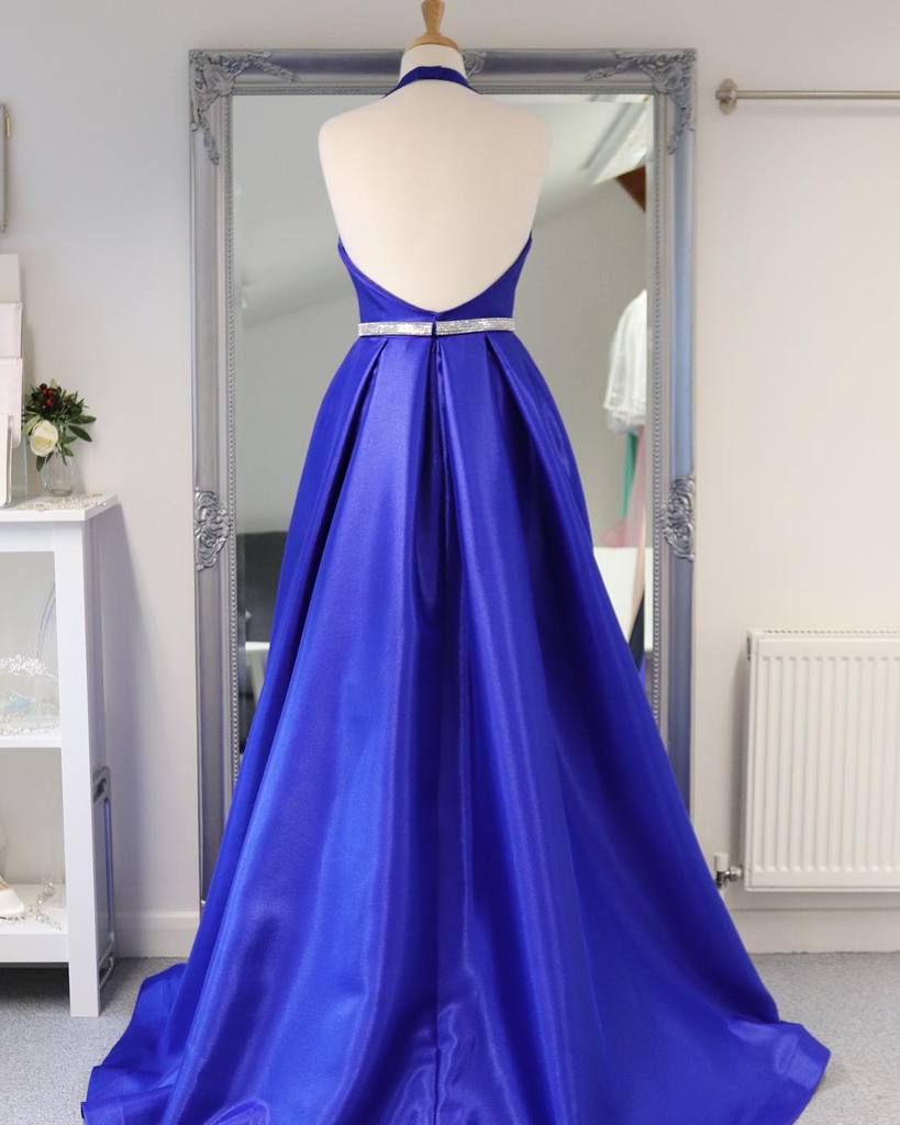 Royal Blue Satin Deep V Neck Simple Long Prom Dress Backless Party Dresses    cg22208