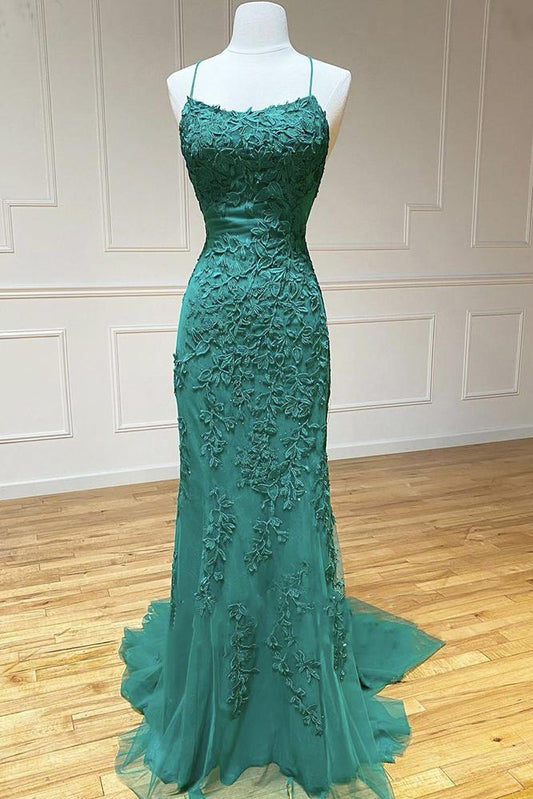 Green Lace Tulle Spaghetti Strap Long Mermaid Prom Dresses Crystal Graduation School Party Gown   cg22210