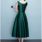 Lovely Dark Green Tea Length Simple Satin Bridesmaid Dress Prom Dress    cg22223