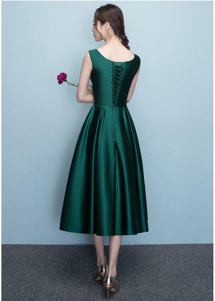 Lovely Dark Green Tea Length Simple Satin Bridesmaid Dress Prom Dress    cg22223