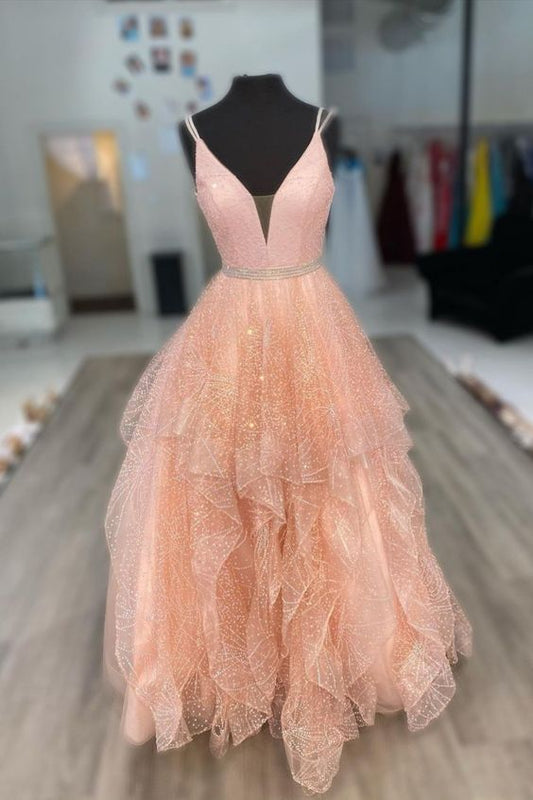 gorgeous illusion v-neck peach prom dress beaded a line long dress    cg22231