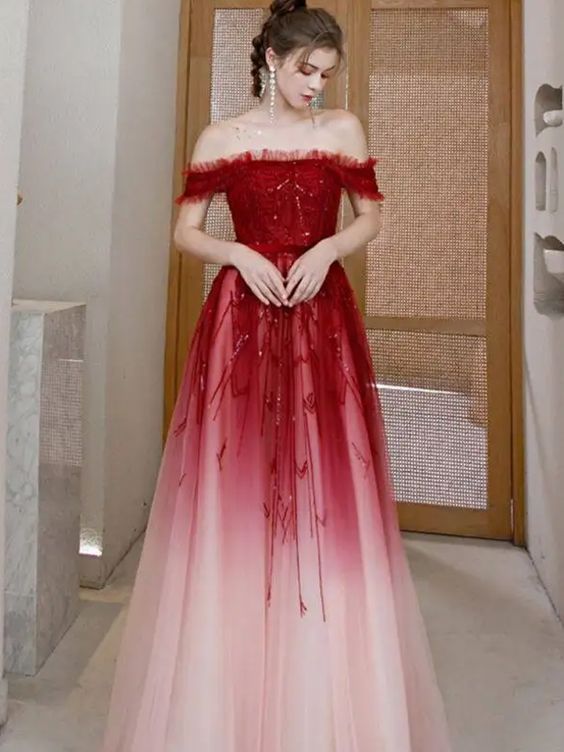 Off The Shoulder Ombre Red Long Evening Prom Dress    cg22248