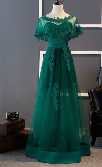 green party dress Short Sleeve evening dress tulle applique long prom dress cg2227