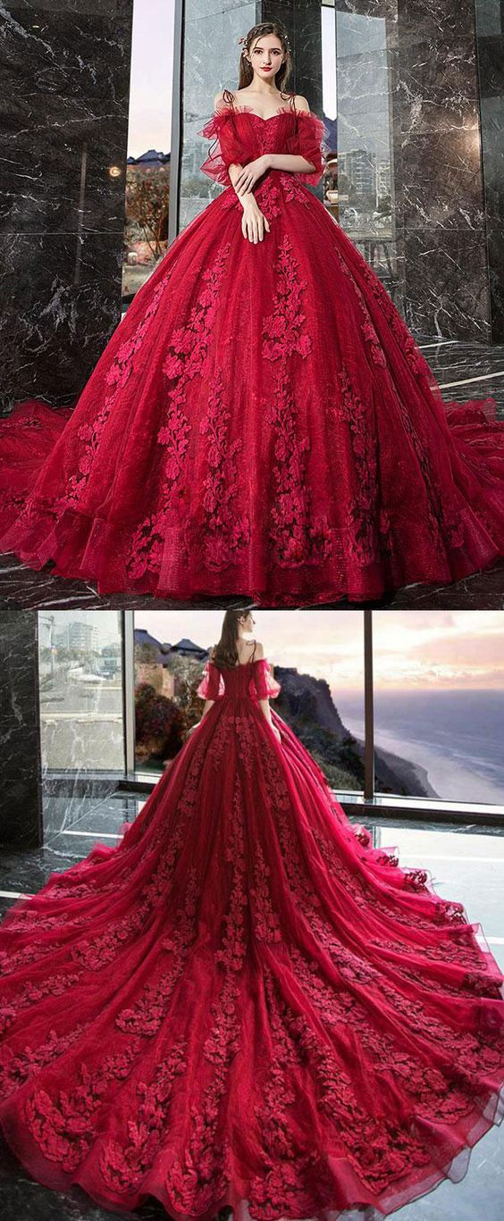 Burgundy sweetheart tulle lace long evening dress, formal prom dress c ...
