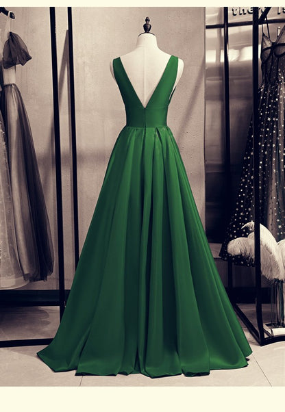 Green Satin V-Neckline Low Back Floor Length Prom Dress Evening Dress, Green Party Dress Formal Dress   cg22276