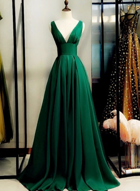 Green Satin V-Neckline Low Back Floor Length Prom Dress Evening Dress ...