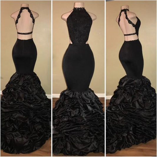 Sexy Black Backless Mermaid Ruffles Tiered African Long Lace Prom Dresses    cg22279