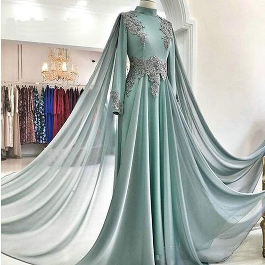 Green Tulle Sweep Train High Neck Long Arabic Prom Dress, Evening Dress With Sleeves   cg22282