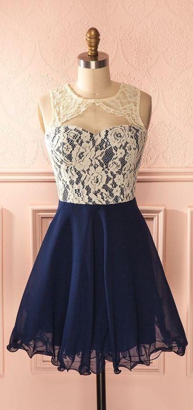 Cute Dark Navy Homecoming Dresses Lace Open Back Short Formal Dresses    cg22283