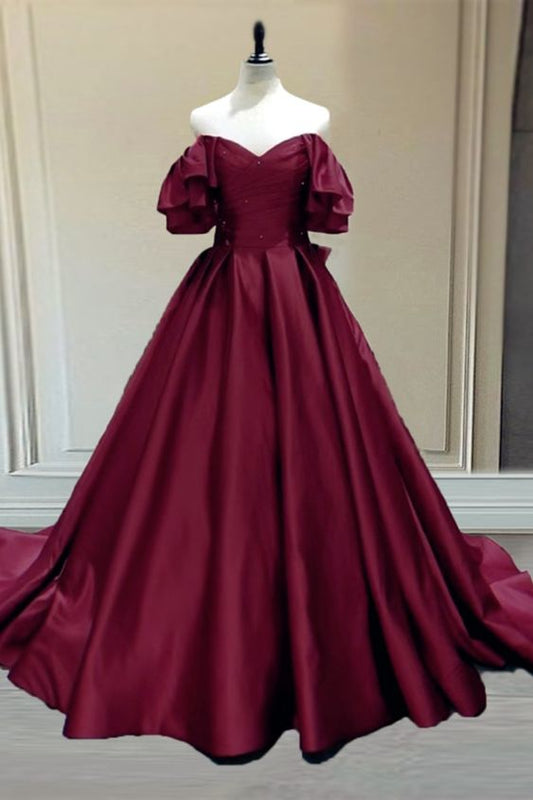 Burgundy Ball Gown Satin Prom Dresses Off The Shoulder Wedding Party Dress    cg22311