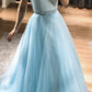 Blue tulle satin long A line prom dress evening dress    cg22318