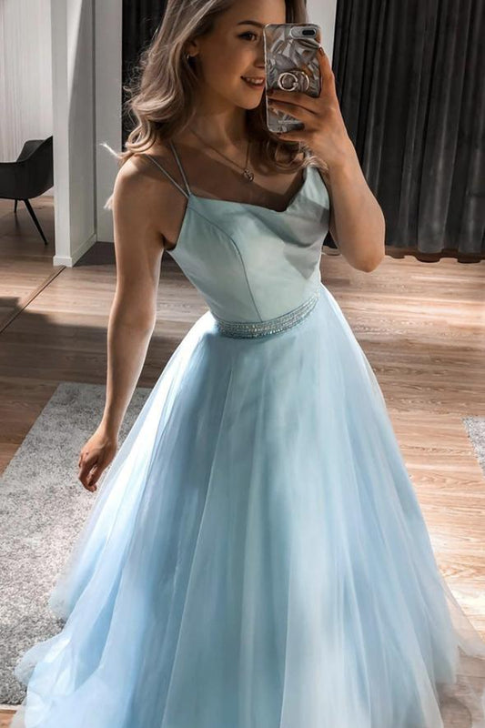 Blue tulle satin long A line prom dress evening dress    cg22318