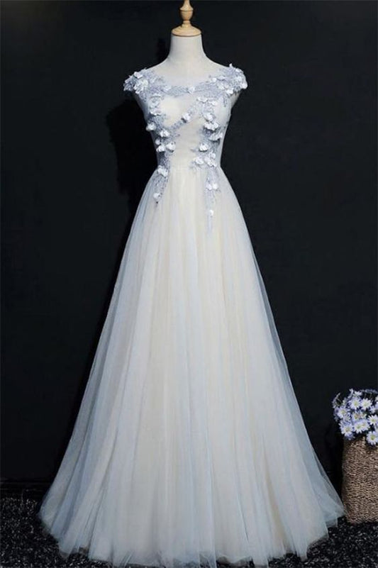 A Line Cap Sleeves Tulle Prom Dress, Floor Length Appliqued Evening Dress with Flowers    cg22324