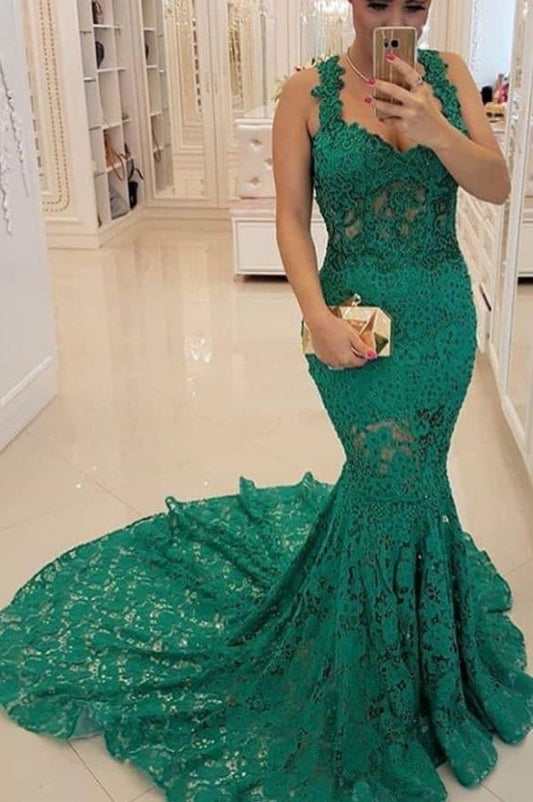 Sexy Hunter Green Tulle Mermaid Lace Applique Prom Dress    cg23327