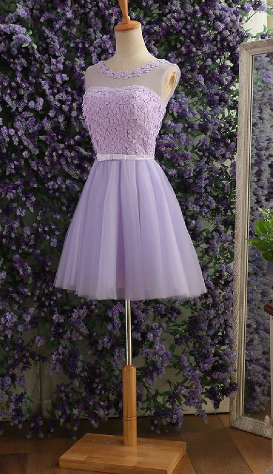 A-Line Jewel Lilac Tulle Short Homecoming Dress with Pearls Appliques Sash cg2233