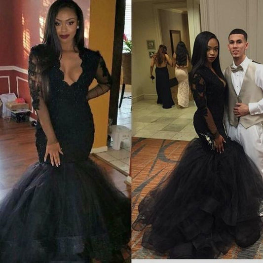 Mermaid Long Sleeves Open Front Tulle Black Long Prom Dress    cg22337